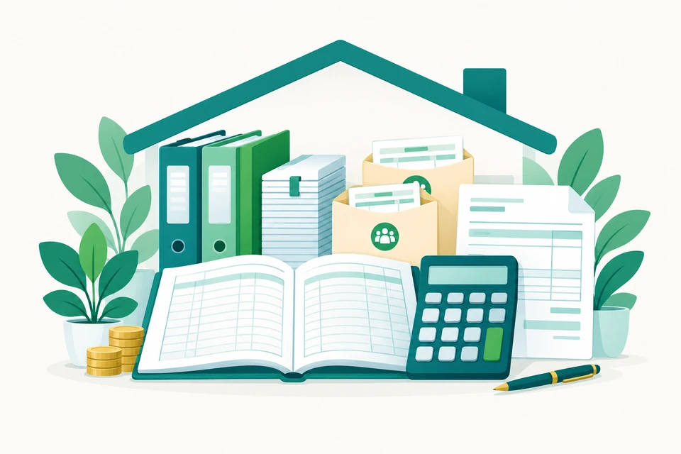 Bookkeeping ledger, calculator, payroll envelopes, and tax documents organized beneath one roof