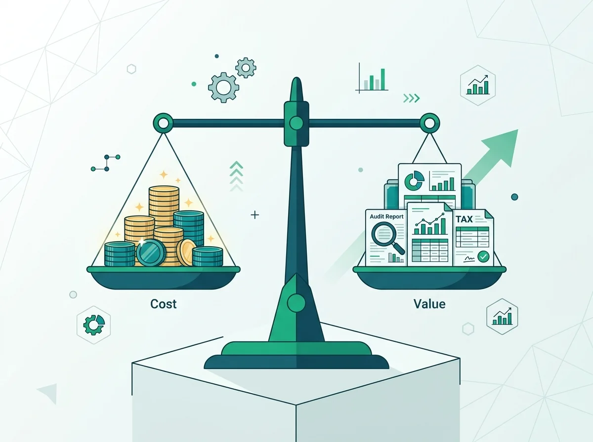 Flat modern vector illustration of cost versus value balance scale for SME accounting and tax advisory services