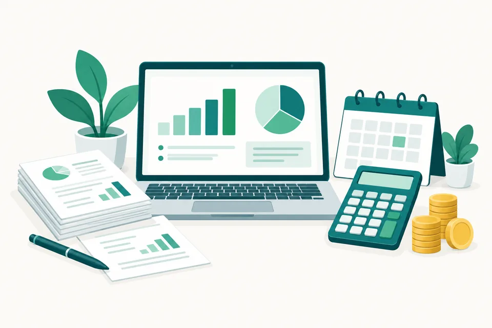 Laptop with financial charts, calculator, calendar, and accounting documents