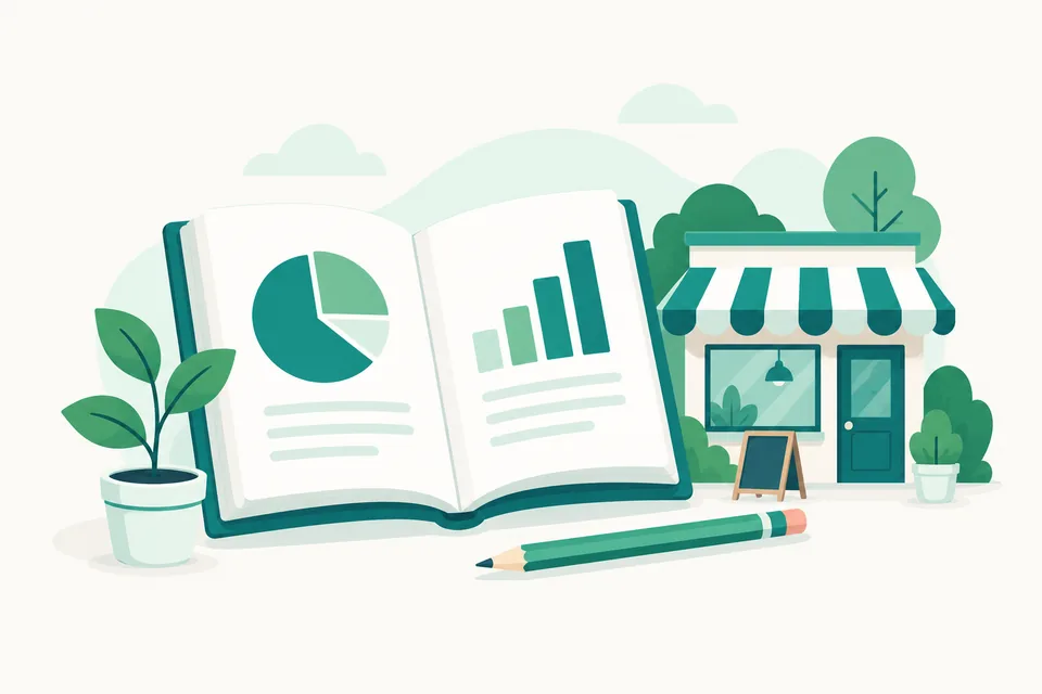 Open finance guide with charts, a small shop, pencil, and growing plant
