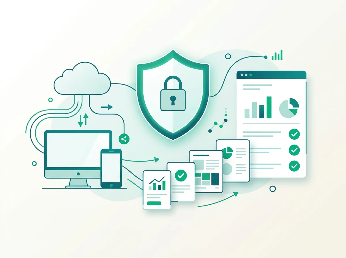 Flat vector illustration of outsourced accounting for SMEs with data security shield, cloud sync, and financial reports