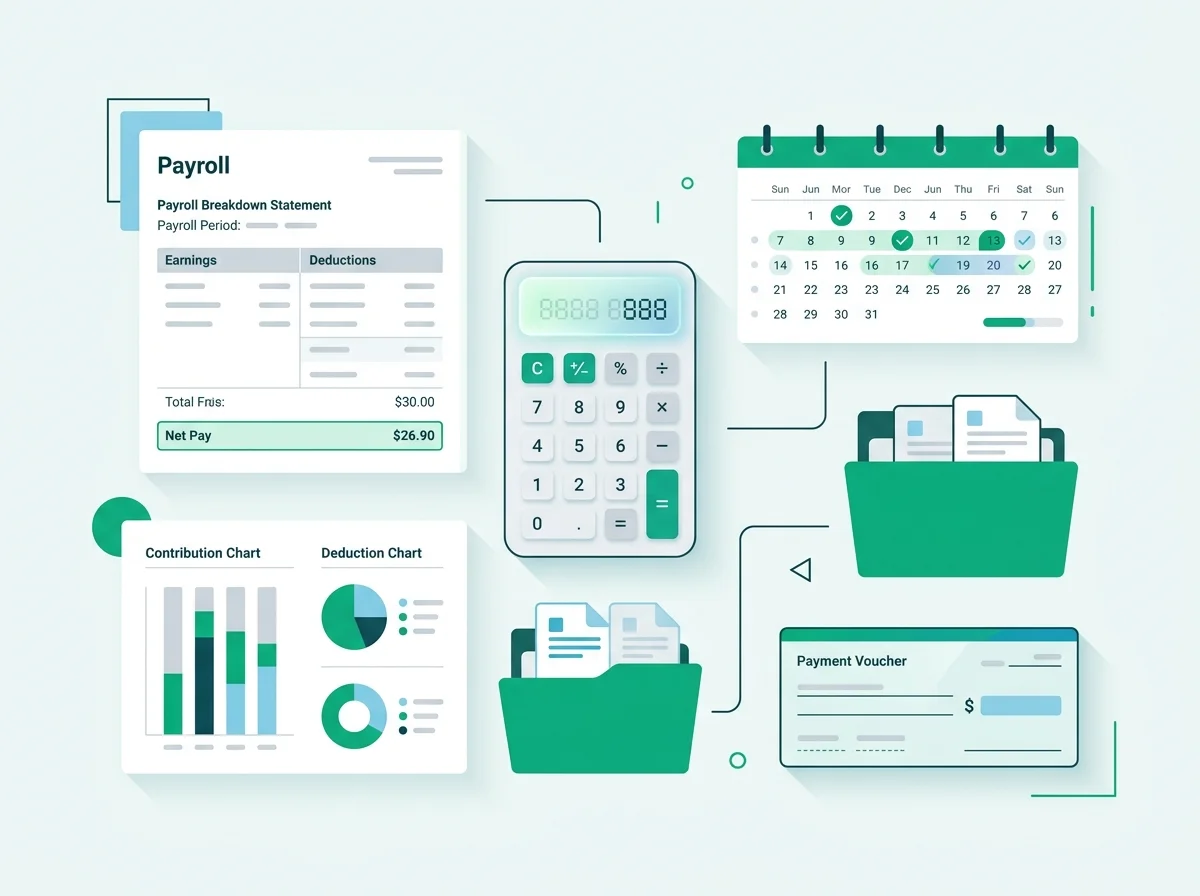 Flat vector illustration of Malaysian SME payroll processing with payslips, calculator, calendar cycle, and statutory deductions