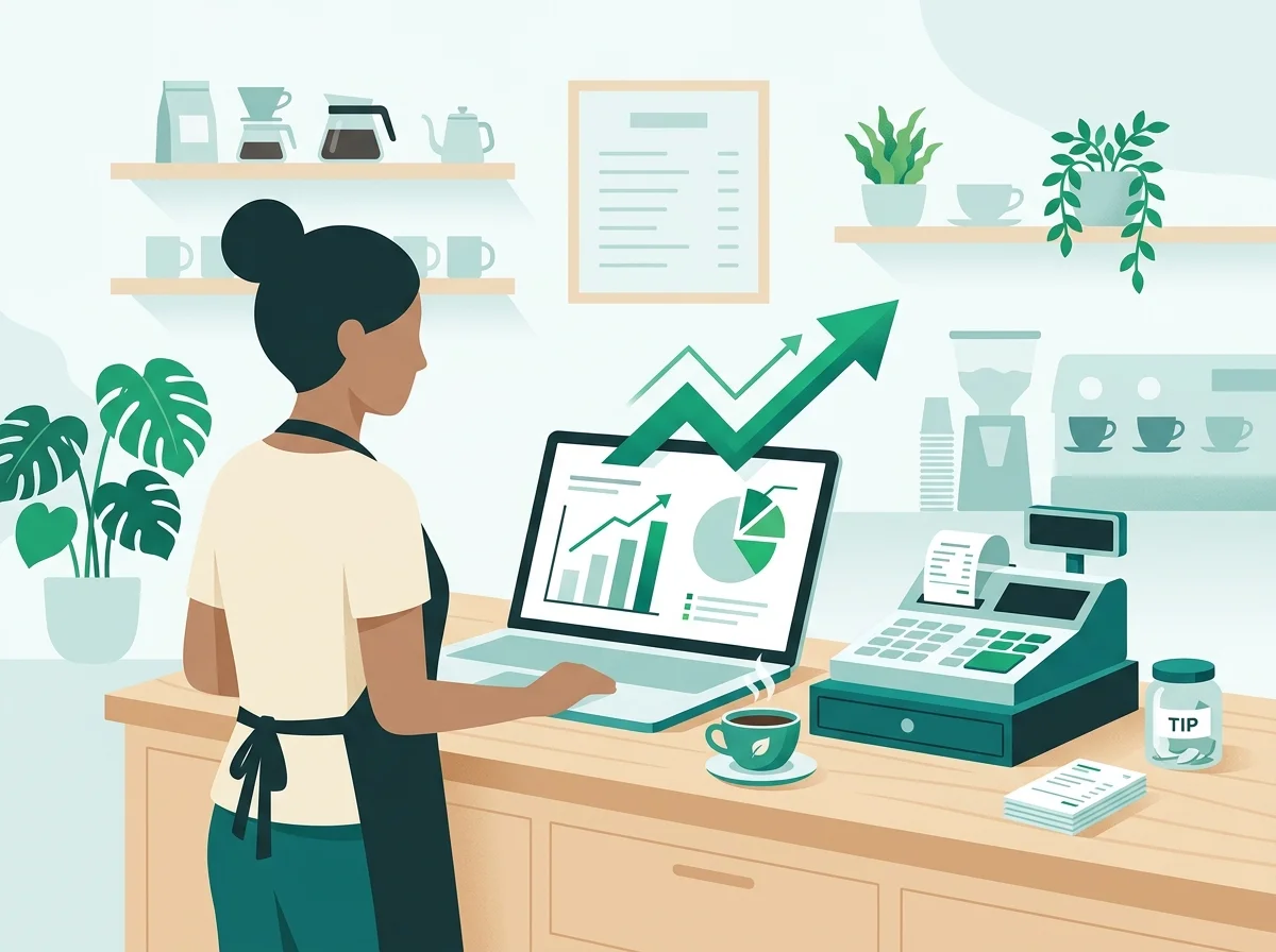 Flat vector illustration of Malaysian small business owner doing bookkeeping on laptop with growth chart at shop counter