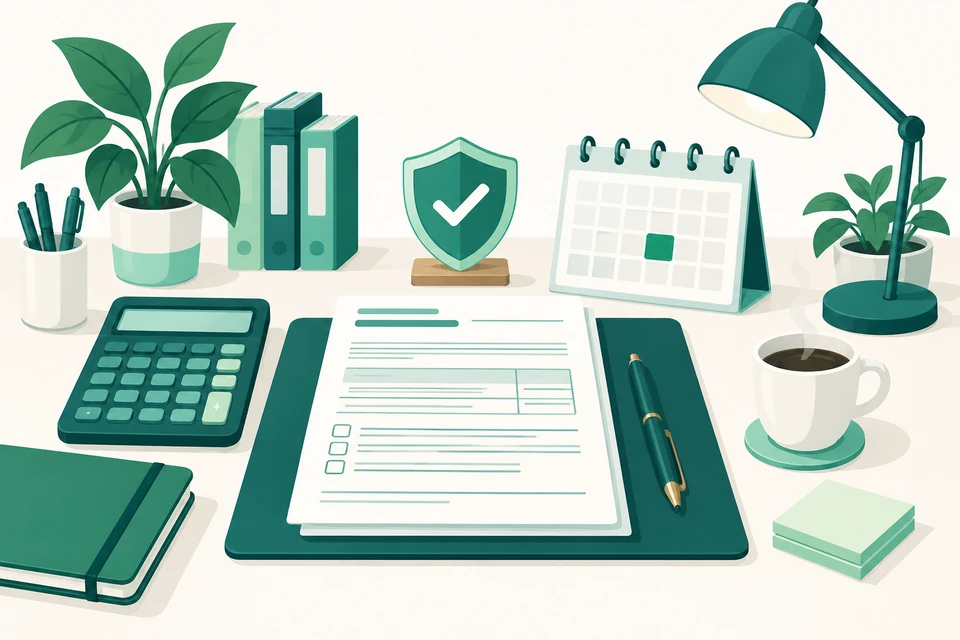 Tax advisory desk with calculator, tax form, compliance checkmark, and deadline calendar